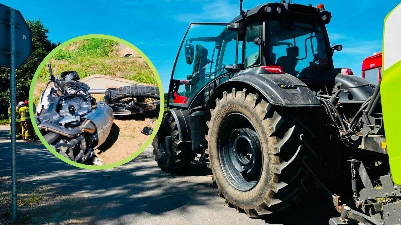 Motocyklista po zderzeniu z ciągnikiem rolniczym, trafił do szpitala