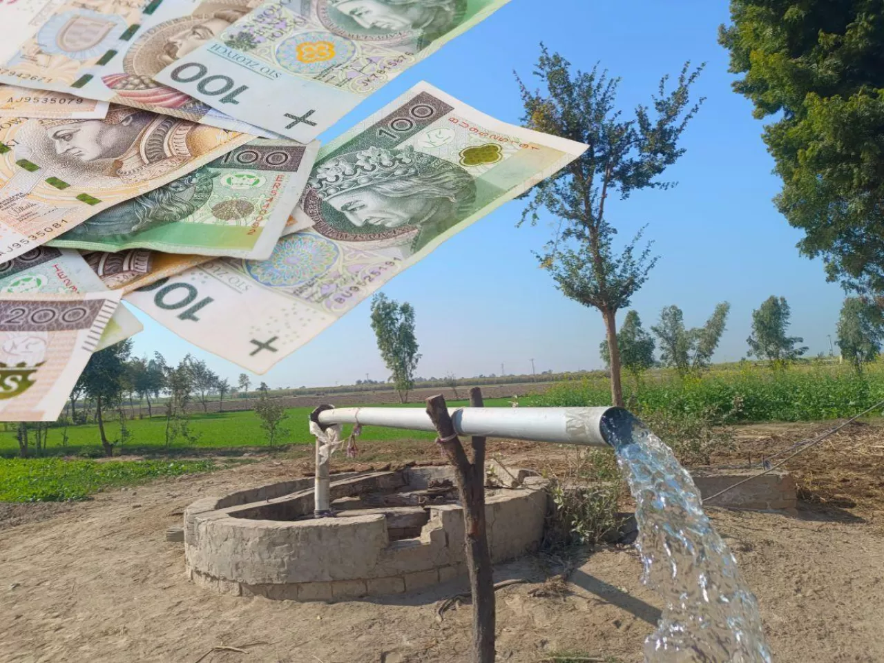 studnia w gospodarstwie, na górze po lewej polskie banknoty