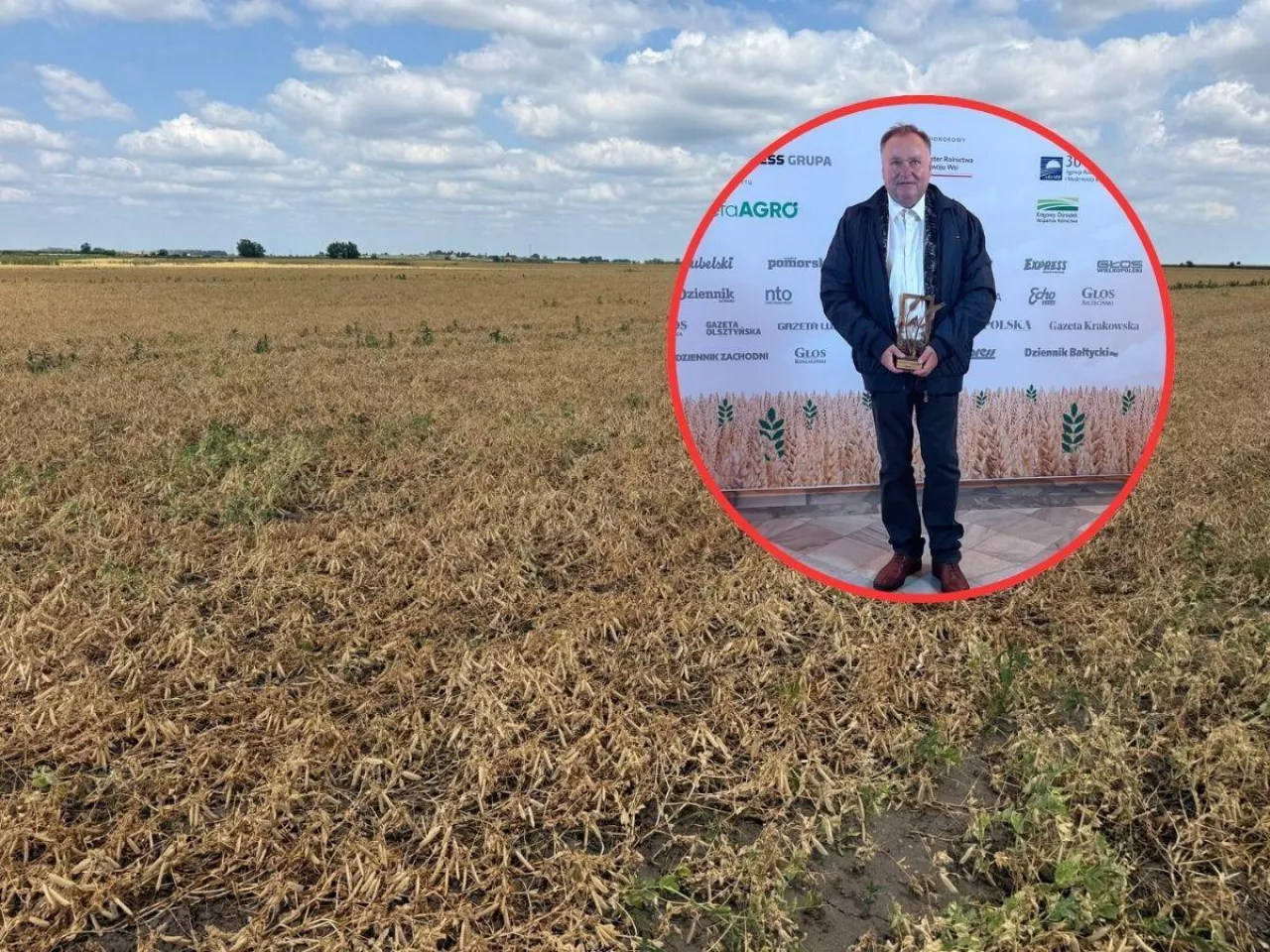 Waldemar Mazurek w kółku, na tle pola z groszkiem