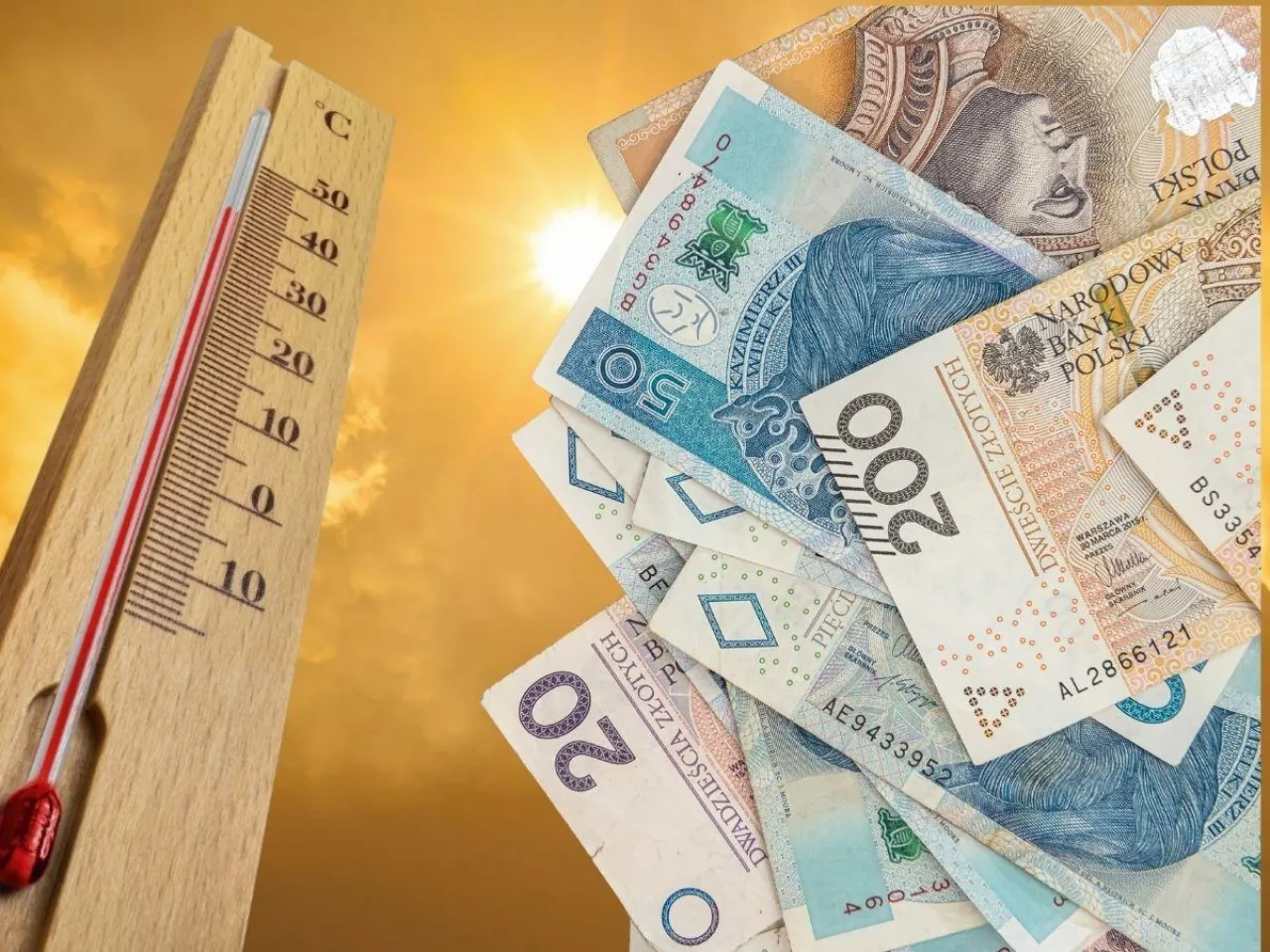 termometr wskazujący wysoką temperaturę powietrza, baknoty polskie po prawej