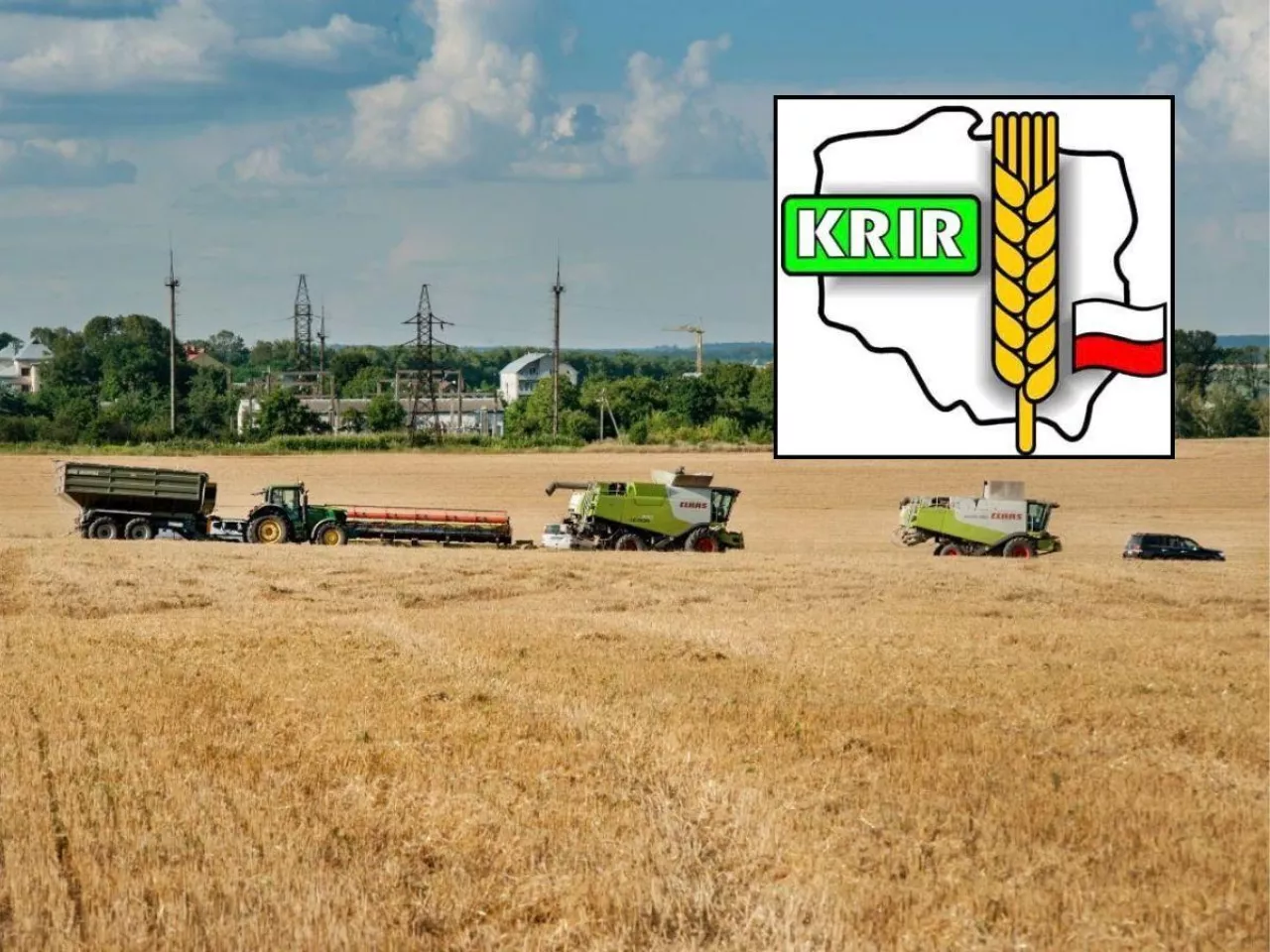 kombajny na polu podczas żniw, u góry w lewym rogu logo KRIR