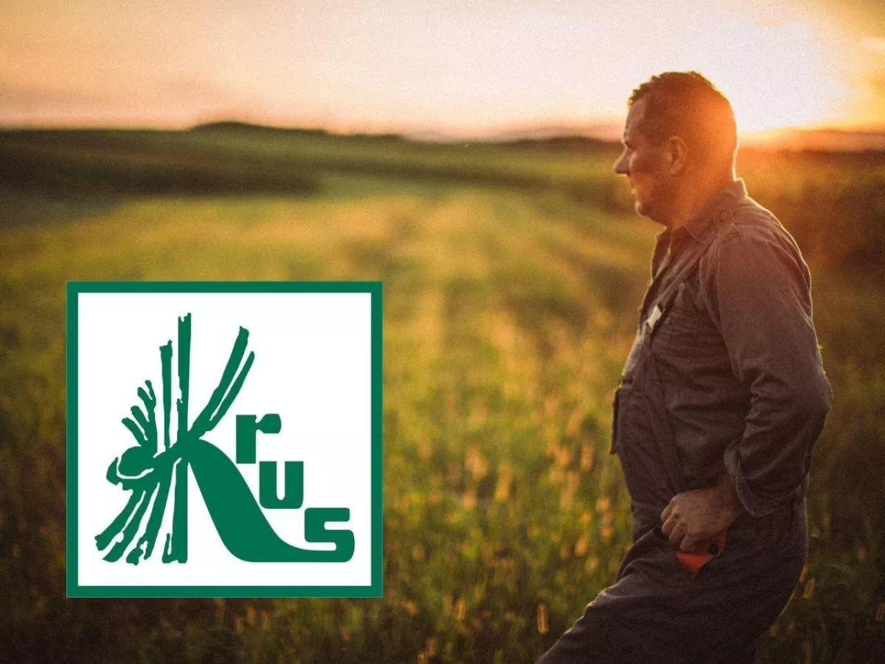 starszy rolnik na polu bokiem, po lewej logo KRUS