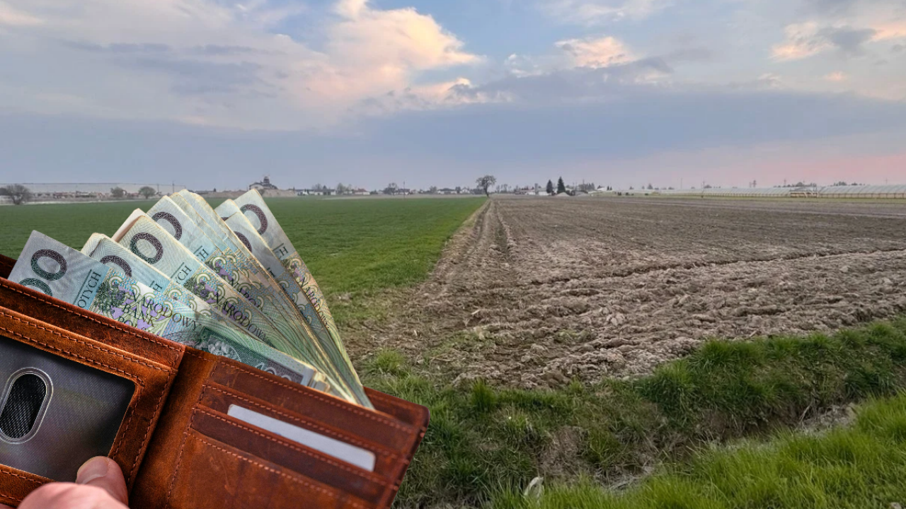 Portfel z banknotami na tle pól uprawnych